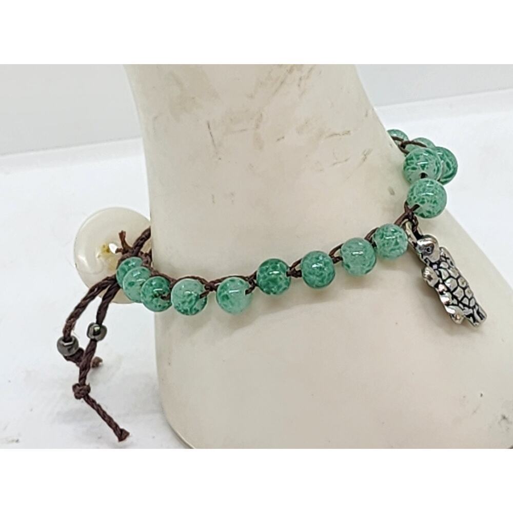 Vintage Peking Glass Bead Turtle Charm Bracelet Sea Life Adjustable Handmade